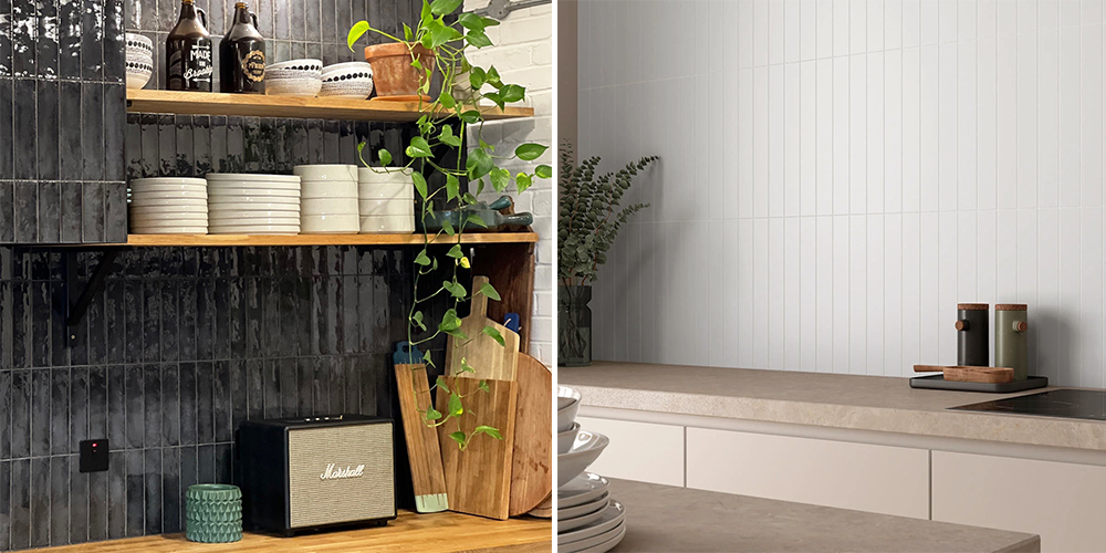 (Left) Vertical Camden charcoal metro tiles, (Right) Vertical Castell white metro tiles